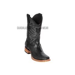 Los Altos Black Ostrich Leg & Deer Wide Square Toe Cowboy Boots
