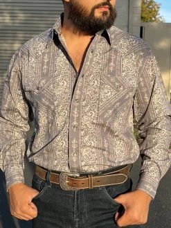 Rock And Roll Dark Grey Aztec Snap Long Sleeve Shirt