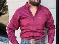 Ariat Team Logo Burgundy/White Fitted Long Sleeve Shirt -Guadalajara Western Wear IMG 1309