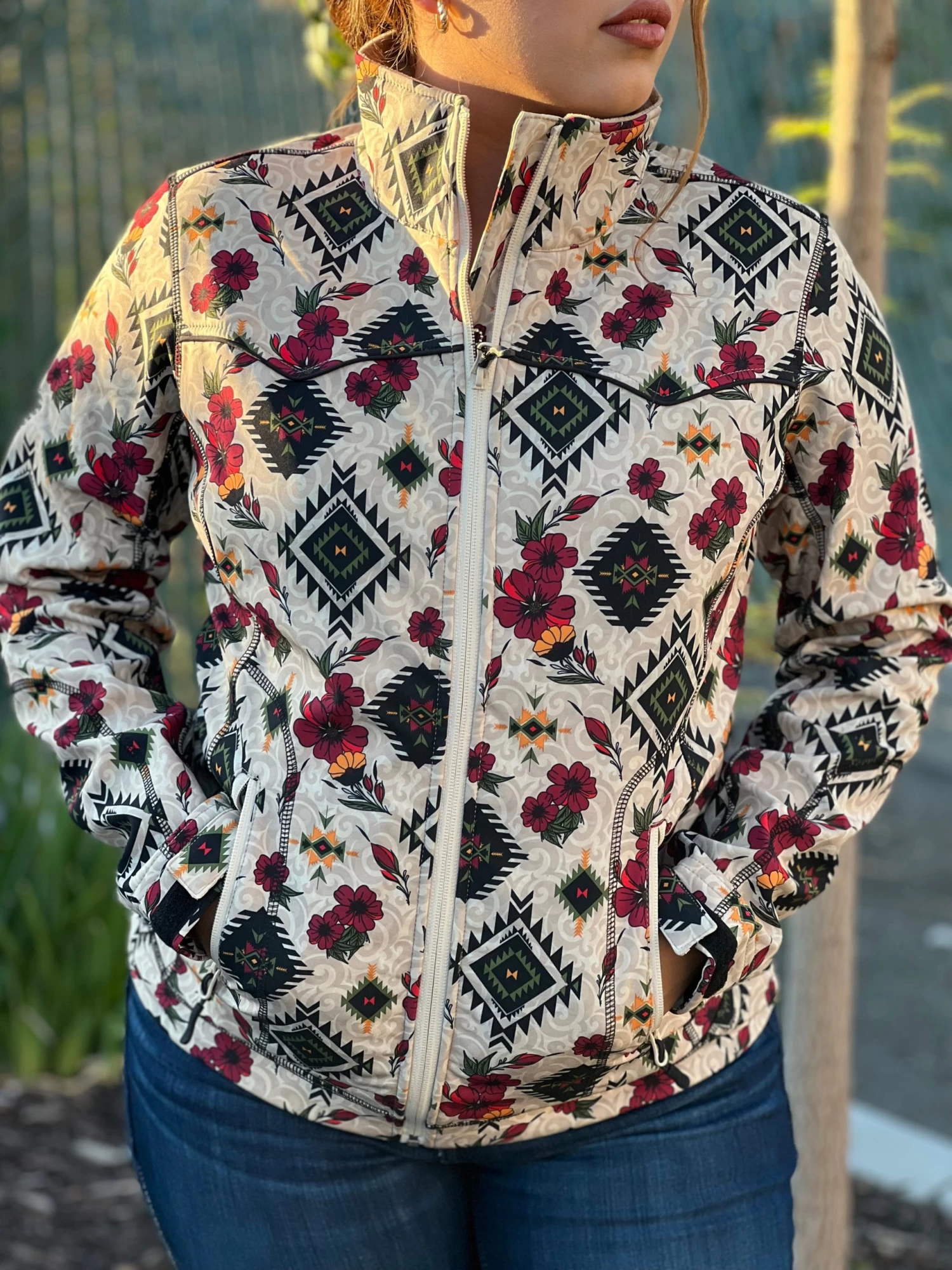 Women's Natural Aztec Floral Soft-Shell Jacket- Rock&Roll Denim 3 Women's Natural Aztec Floral Soft-Shell Jacket- Rock&Roll Denim