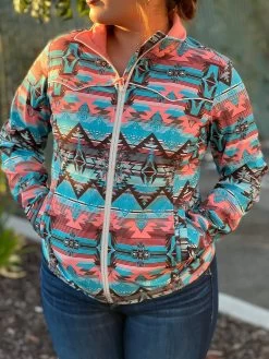 Women's Turquoise & Pink Aztec Soft-Shell Jacket- Rock&Roll Denim