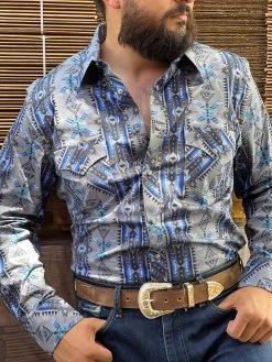 Rock And Roll Blue Aztec Snap Long Sleeve Shirt