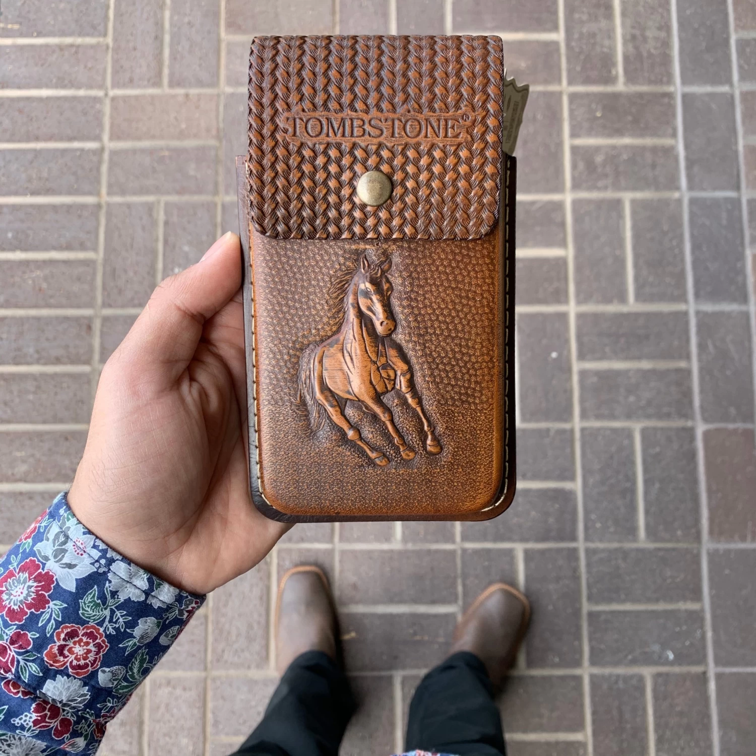 Tombstone Leather Tooled Dark Brown Horse Cell Phone Case 3 Tombstone Leather Tooled Dark Brown Horse Cell Phone Case