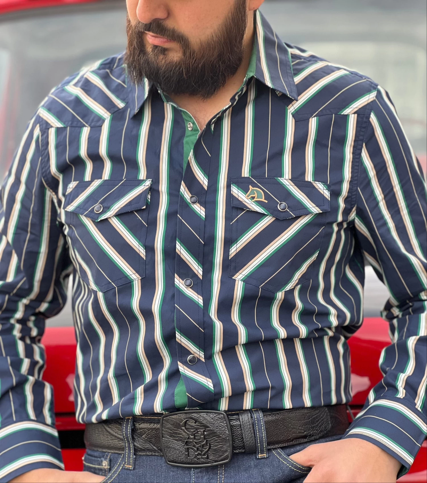 Camisa Vaquera Para Caballero (Navy/Verde) 3 Camisa Vaquera Para Caballero (Navy/Verde)