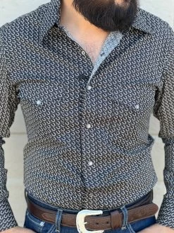 Rock And Roll Horseshoe Print Snap Long Sleeve Shirt