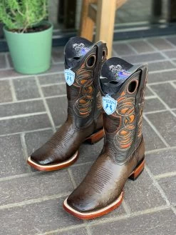 Wild West Faded Brown Ostrich Belly Wide Square Toe Cowboy Boots