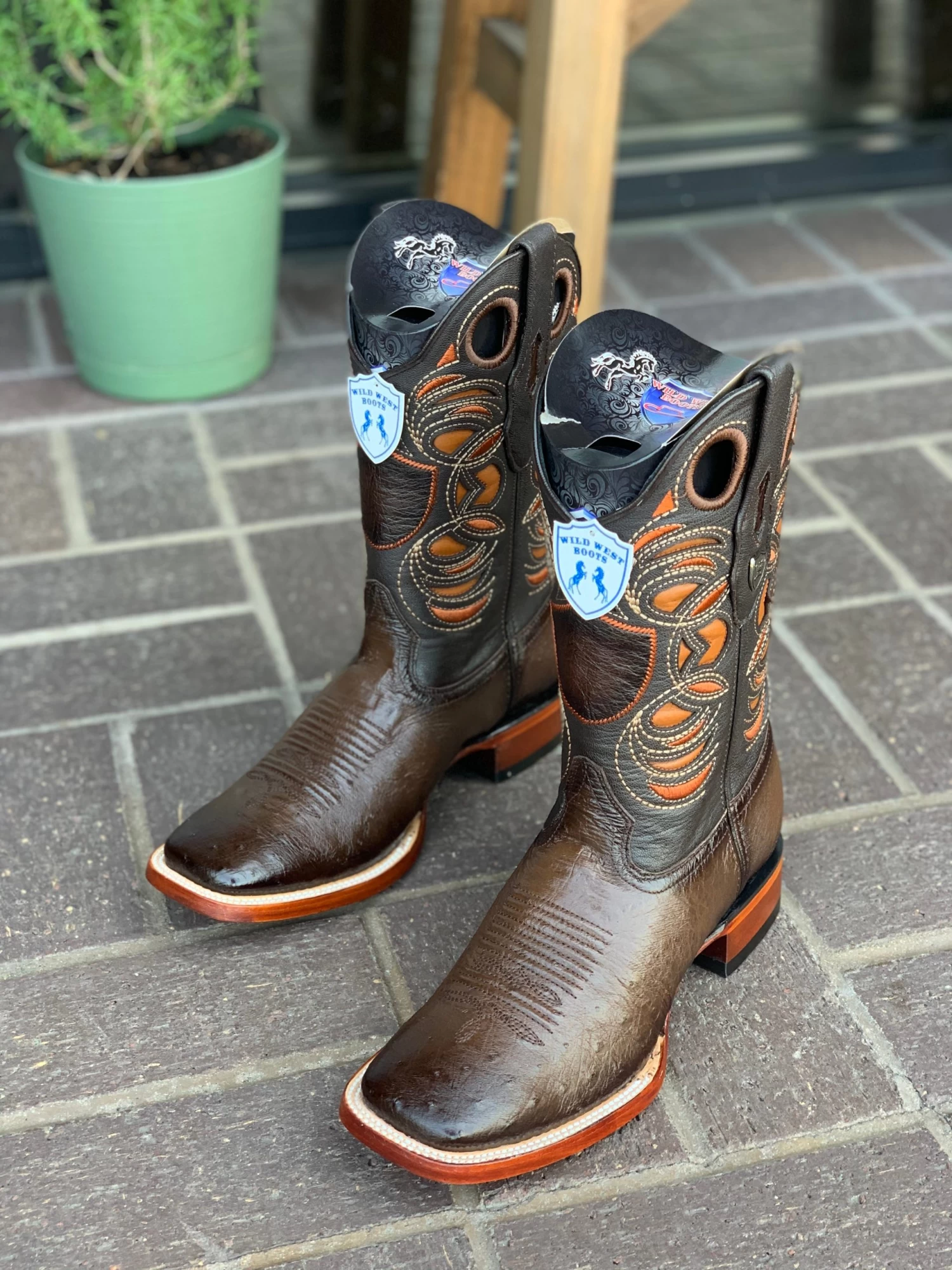 Wild West Faded Brown Ostrich Belly Wide Square Toe Cowboy Boots 2 Wild West Faded Brown Ostrich Belly Wide Square Toe Cowboy Boots