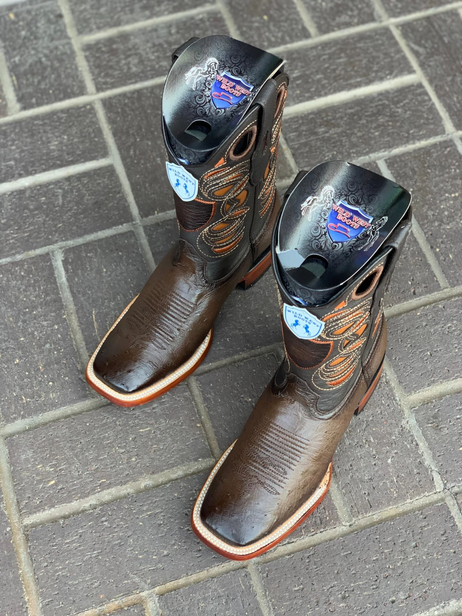 Wild West Faded Brown Ostrich Belly Wide Square Toe Cowboy Boots 3 Wild West Faded Brown Ostrich Belly Wide Square Toe Cowboy Boots - Image 2