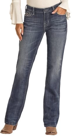 Women Mid Rise Stretch Aztec Leather Embroidered Bootcut Jeans - Rock&Roll Denim -Guadalajara Western Wear RRWD4MRZPY AZ 28955