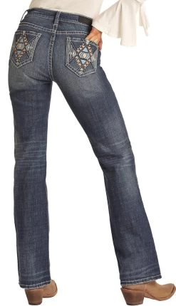 Women Mid Rise Stretch Aztec Leather Embroidered Bootcut Jeans - Rock&Roll Denim -Guadalajara Western Wear RRWD4MRZPYZ 80712