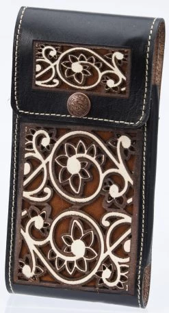 White Diamond Lazer Tooled Leather Cell Phone Case - Negro